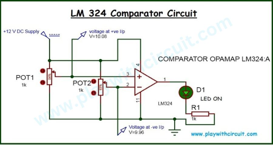 LM324 Comparator circuit Basic Configuration LED ON