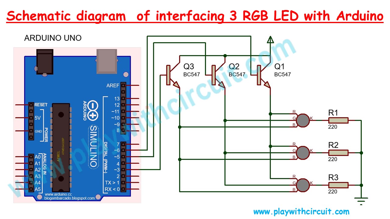 Schematic diagram of interfacing 3 RGB LED with Arduino