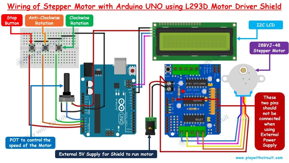 Wiring Diagram for Controlling 28BYJ-48 Stepper Motor with Arduino UNO and L293D Motor Driver Shield 