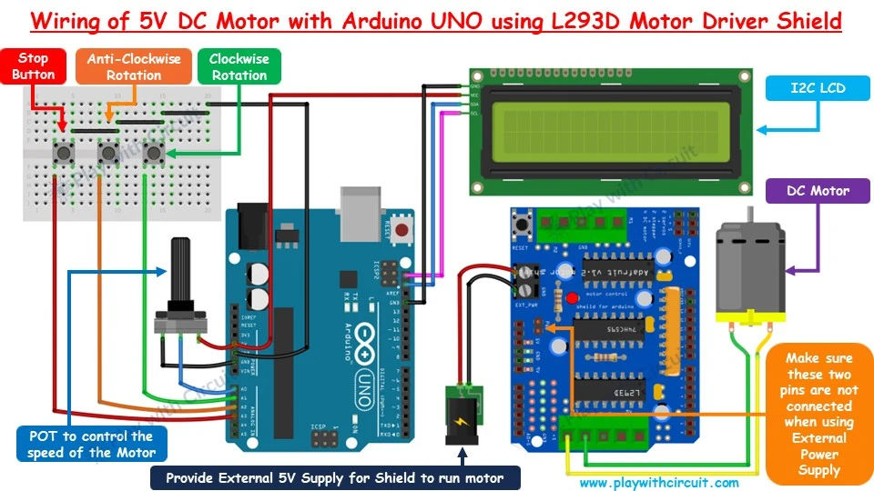 Wiring of DC motor with L293D shield and Arduino UNO