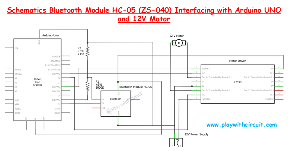 Schematics Bluetooth Module HC-05 (ZS-040) Interfacing with Arduino UNO and 12V Motor