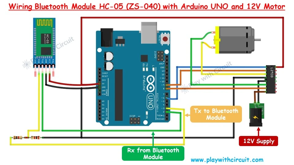 Wiring Diagram of Controlling 12V DC motor using Android App and HC-05 Bluetooth Module