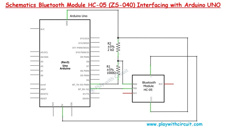 Schematic of HC-05 Bluetooth module interfacing with Arduino UNO