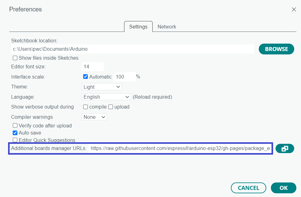 Arduino IDE ESP32 Json URL