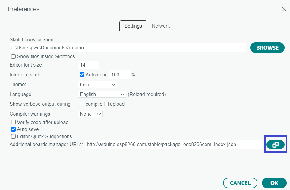 Arduino IDE preferences window