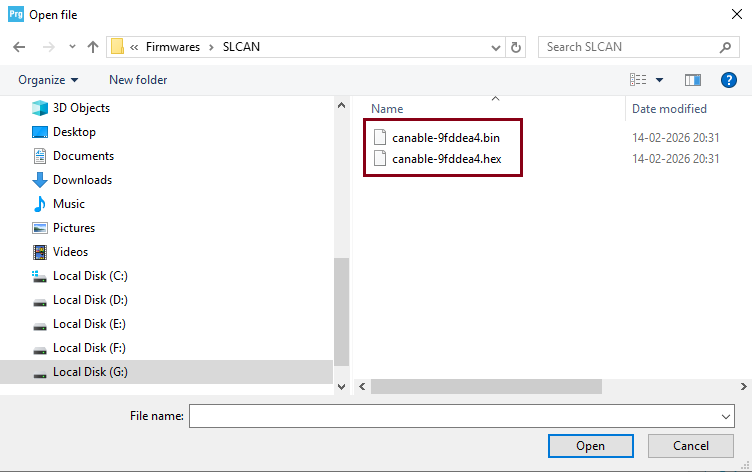 Selecting the bin file of SLCAN